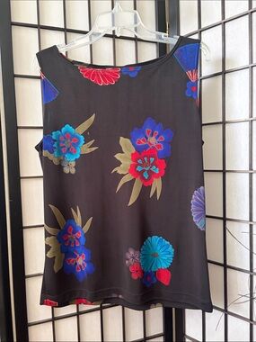 Chico's Black Floral Tank with Blue & Red Blooms